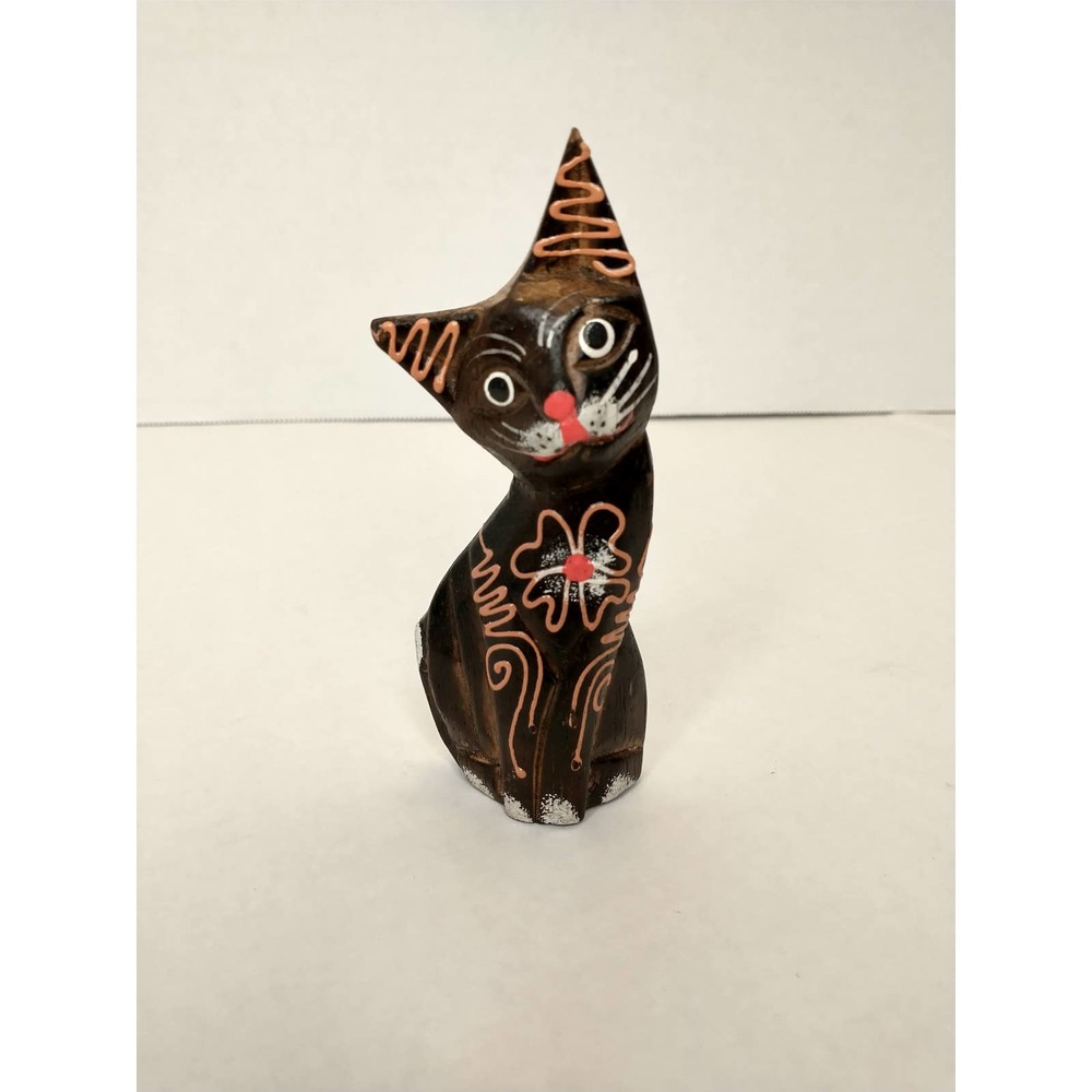 Wooden Brown Cat Figure Hand Painted Carved Unique Small Flower pattern